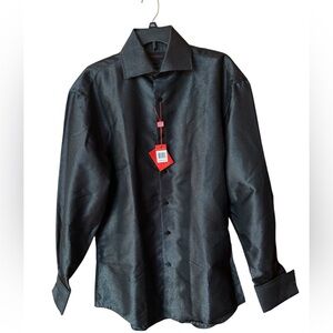NWT Leonardi Metallic Black Micro Dot French Cuffs Disco Style Button Down Shirt